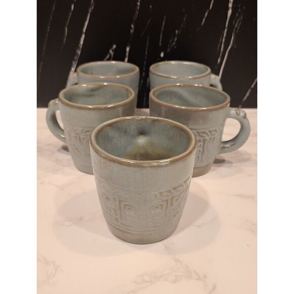 FRANKOMA Pottery Mugs /Cup 7C Blue /Green Mayan Aztec Set Of 5 Vintage MCM EUC - Picture 1 of 10